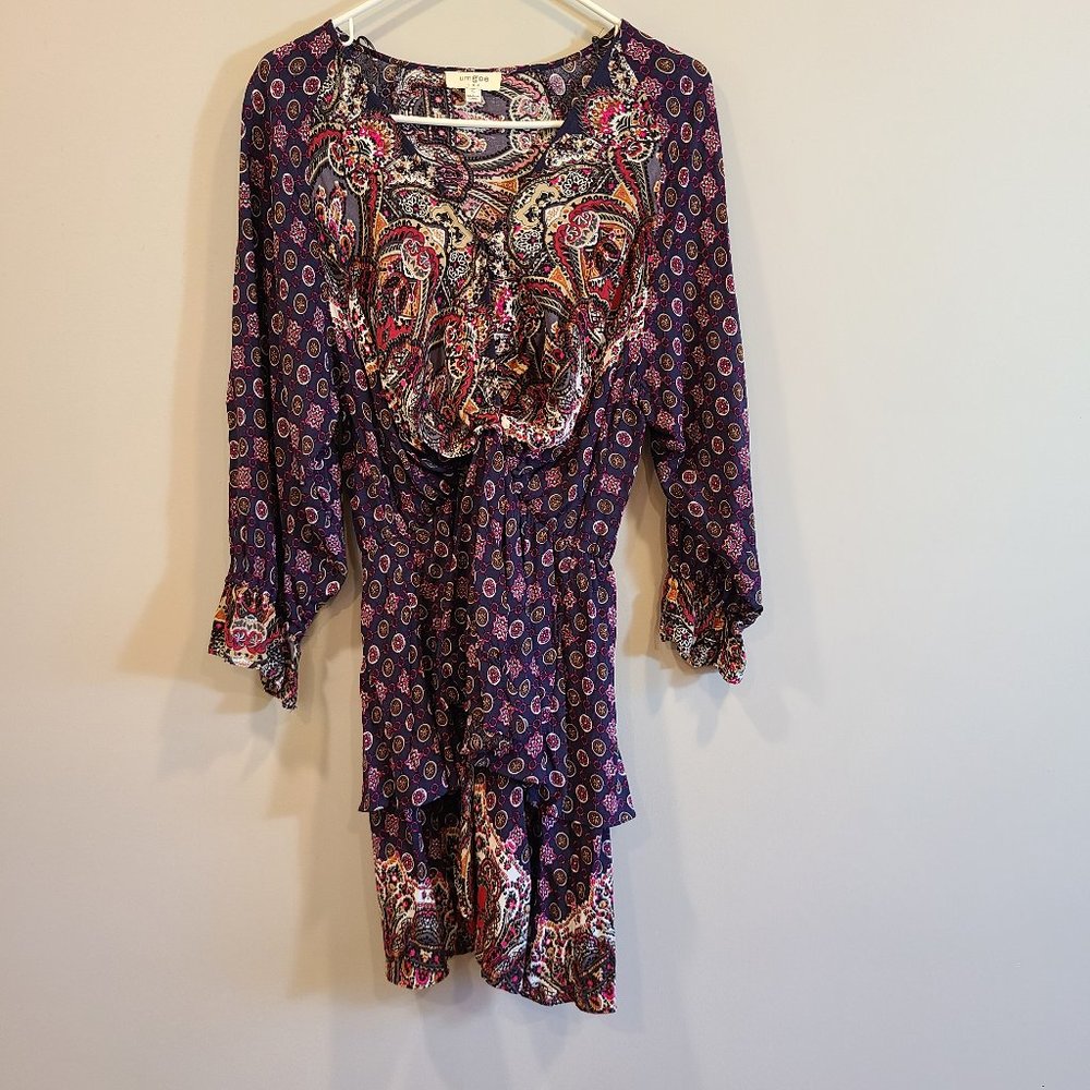 Umgee Dress Long Sleeve Mini V Neck Small Blue Pink Boho Ruffle